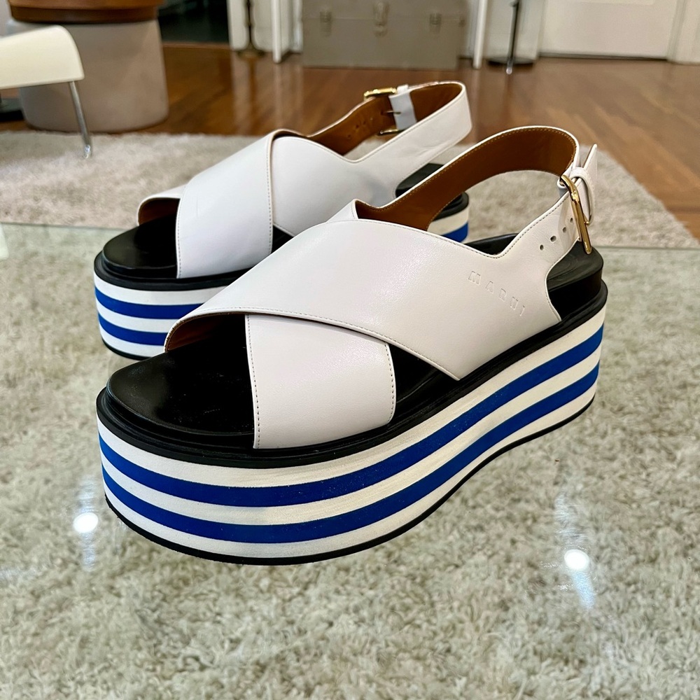 Marni White Leather Platform Wedge Sandals - Blue/White Sole - Size 40